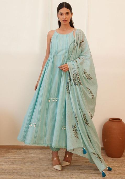 Teal Striped Cotton Anarkali Sets — view on Indya