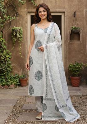 Off White Printed Cotton Straight Kurta Sets