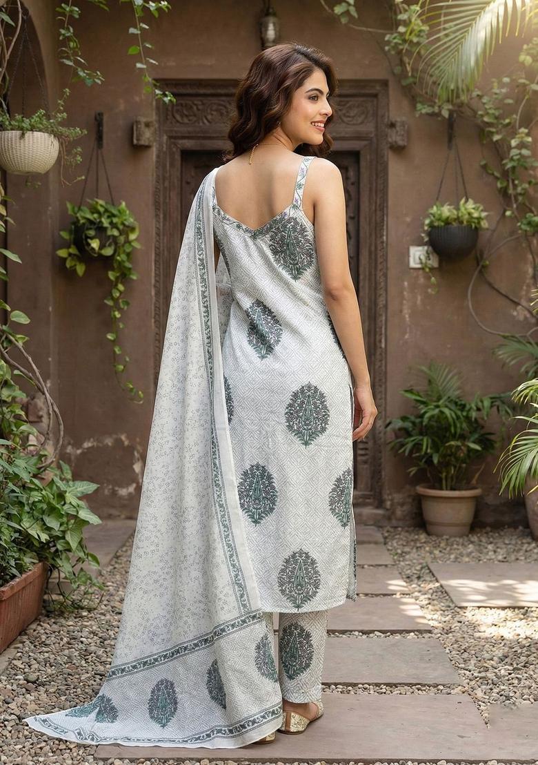 Off White Printed Cotton Straight Kurta Sets - Indya