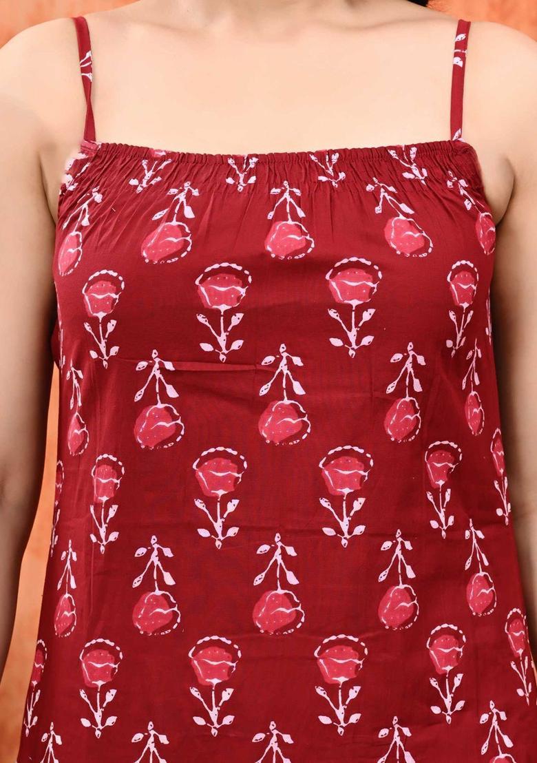 Maroon Printed Cotton Straight Kurta Sets - Indya