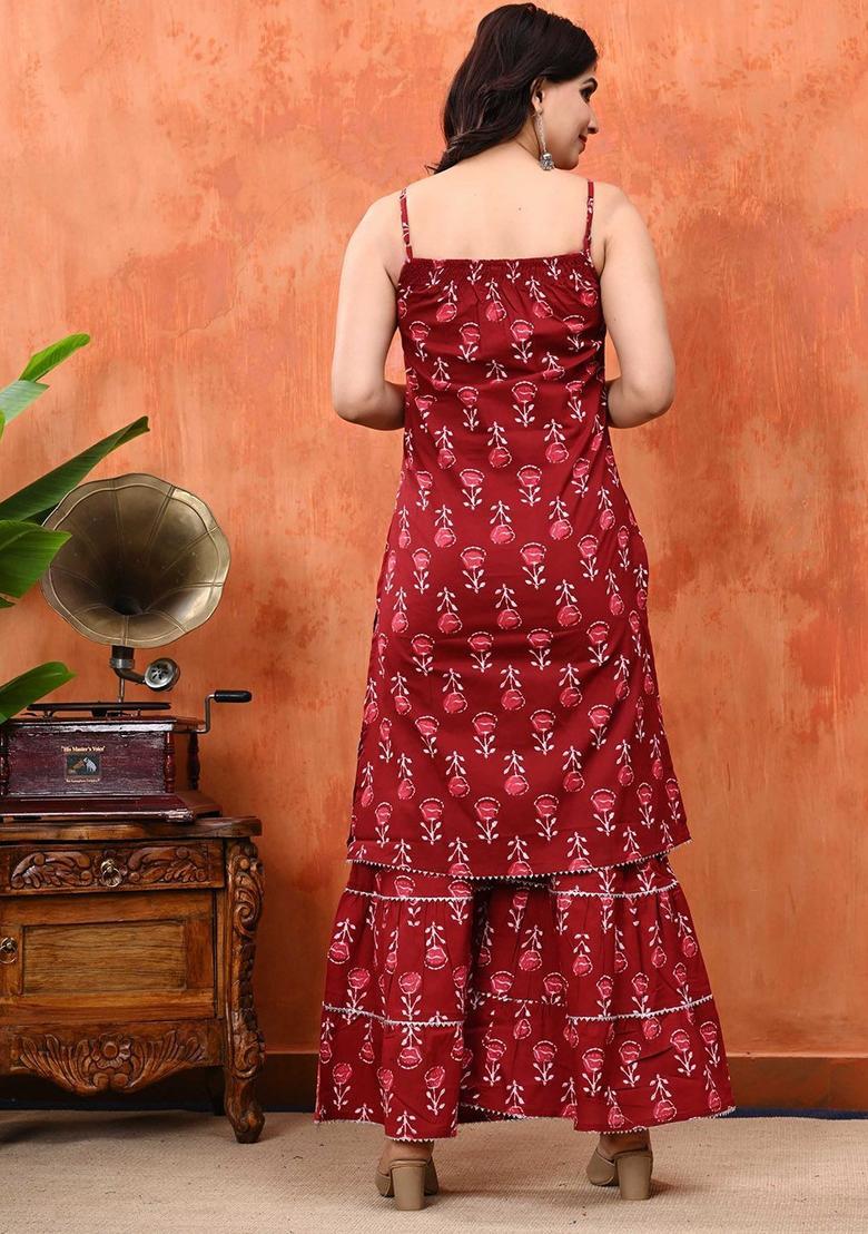 Maroon Printed Cotton Straight Kurta Sets - Indya