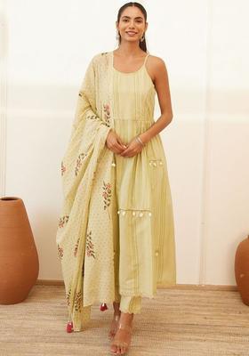 Green Embroidered Cotton A Line Kurta Sets