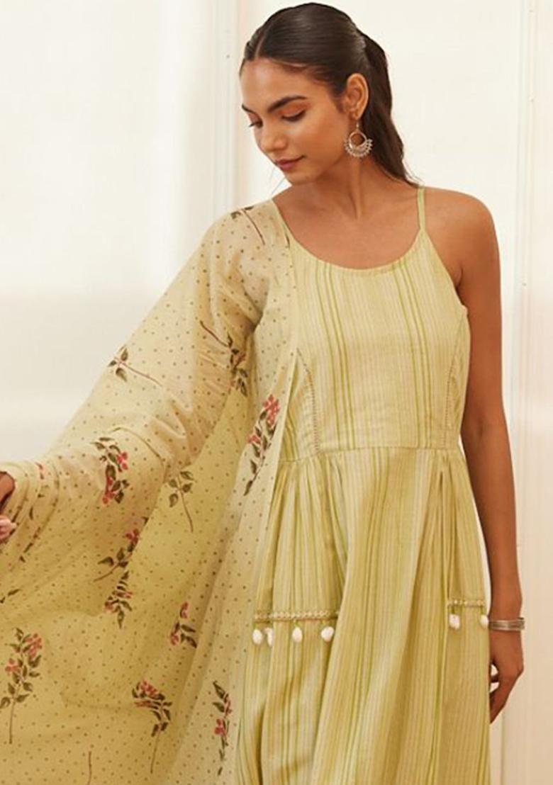 Green Embroidered Cotton A Line Kurta Sets - Indya