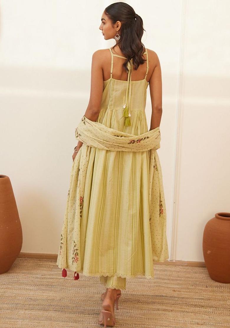 Green Embroidered Cotton A Line Kurta Sets - Indya