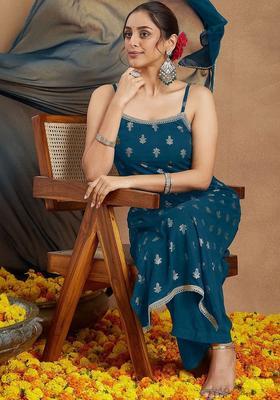 Teal Printed Viscose Straight Kurta Sets
