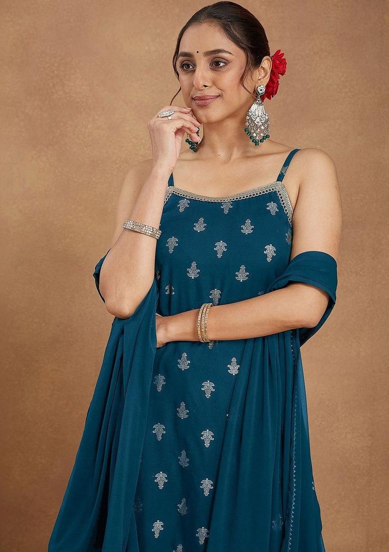 Teal Printed Viscose Straight Kurta Sets - Indya