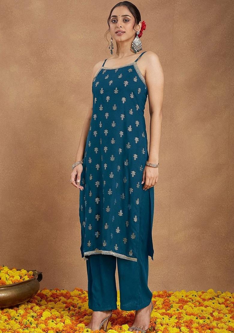 Teal Printed Viscose Straight Kurta Sets - Indya