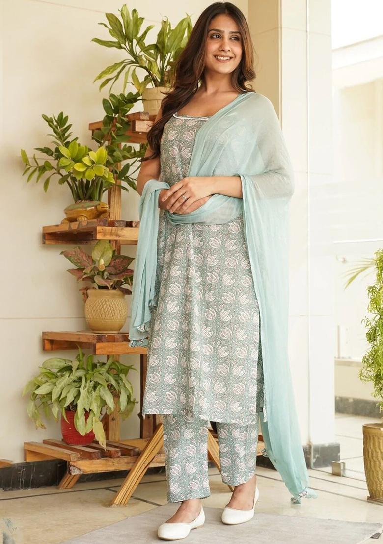 Green Printed Cotton Straight Kurta Sets - Indya