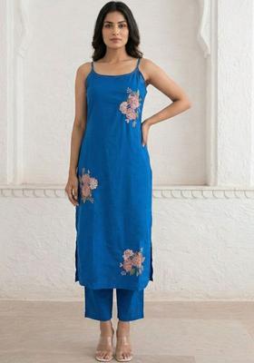 Blue Embroidered Cotton Straight Kurta Sets