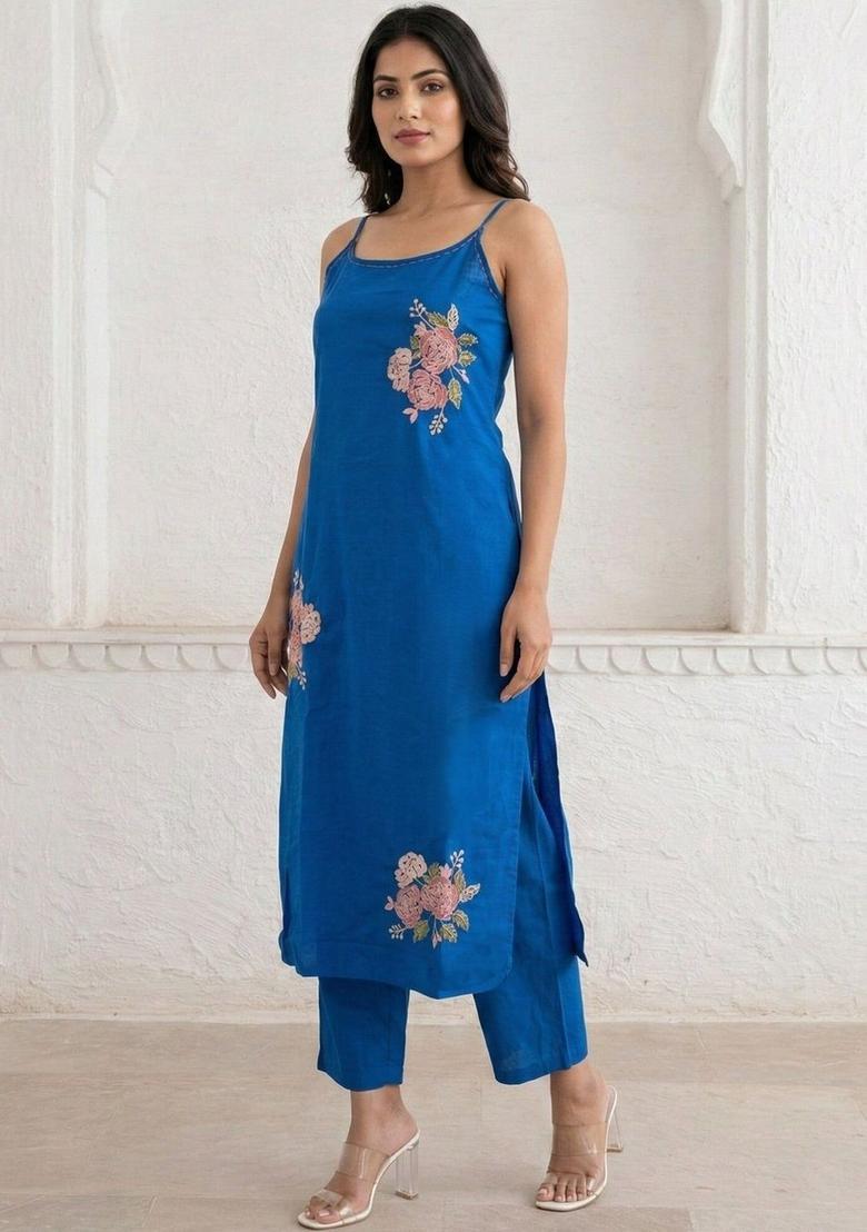Blue Embroidered Cotton Straight Kurta Sets - Indya