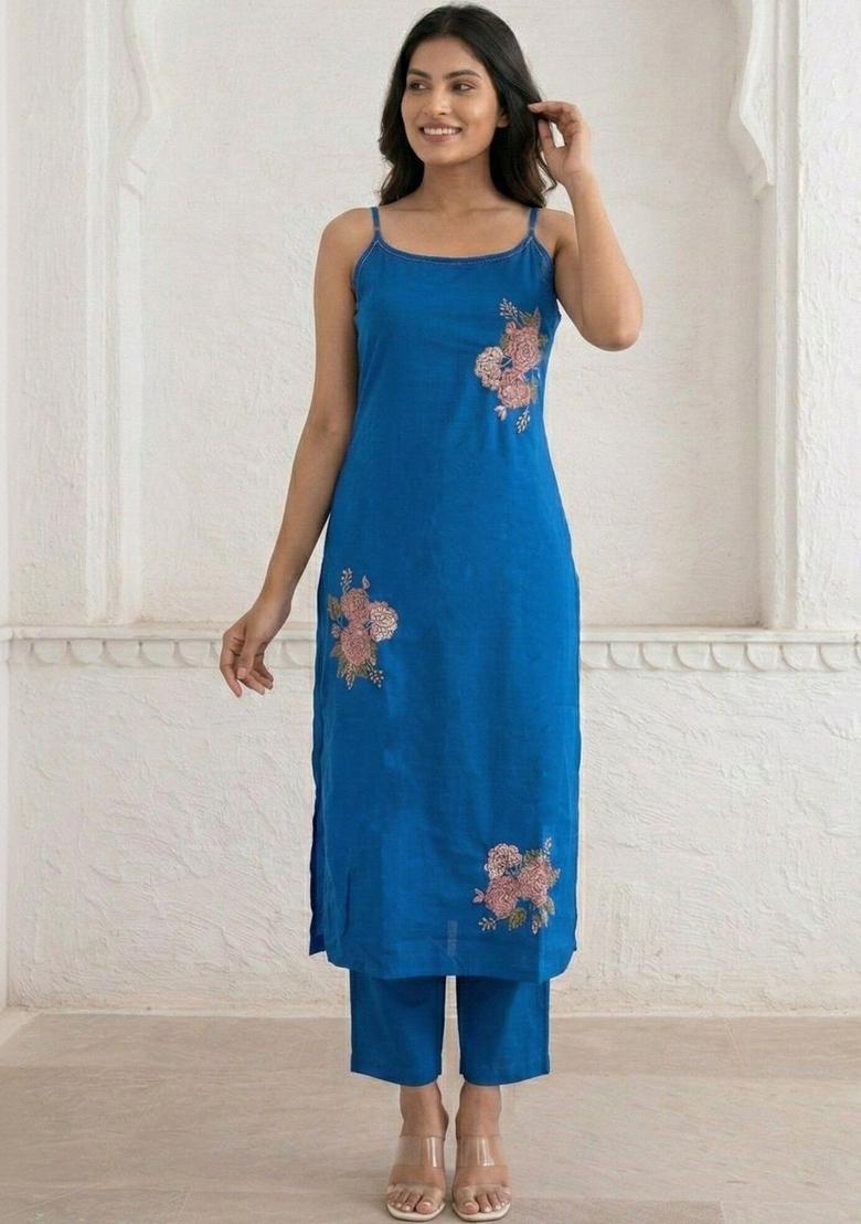 Blue Embroidered Cotton Straight Kurta Sets - Indya