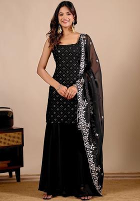 Black Embroidered Georgette Straight Kurta Sets