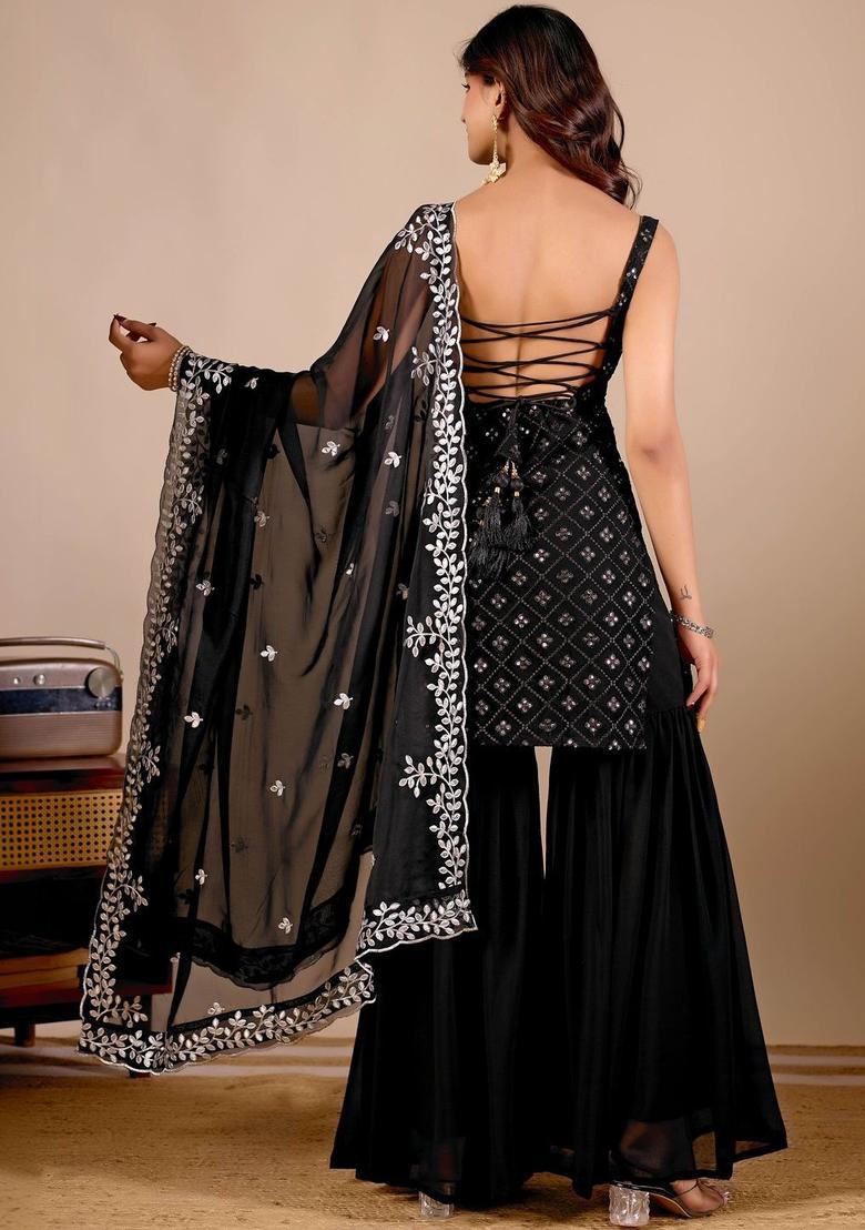 Black Embroidered Georgette Straight Kurta Sets - Indya