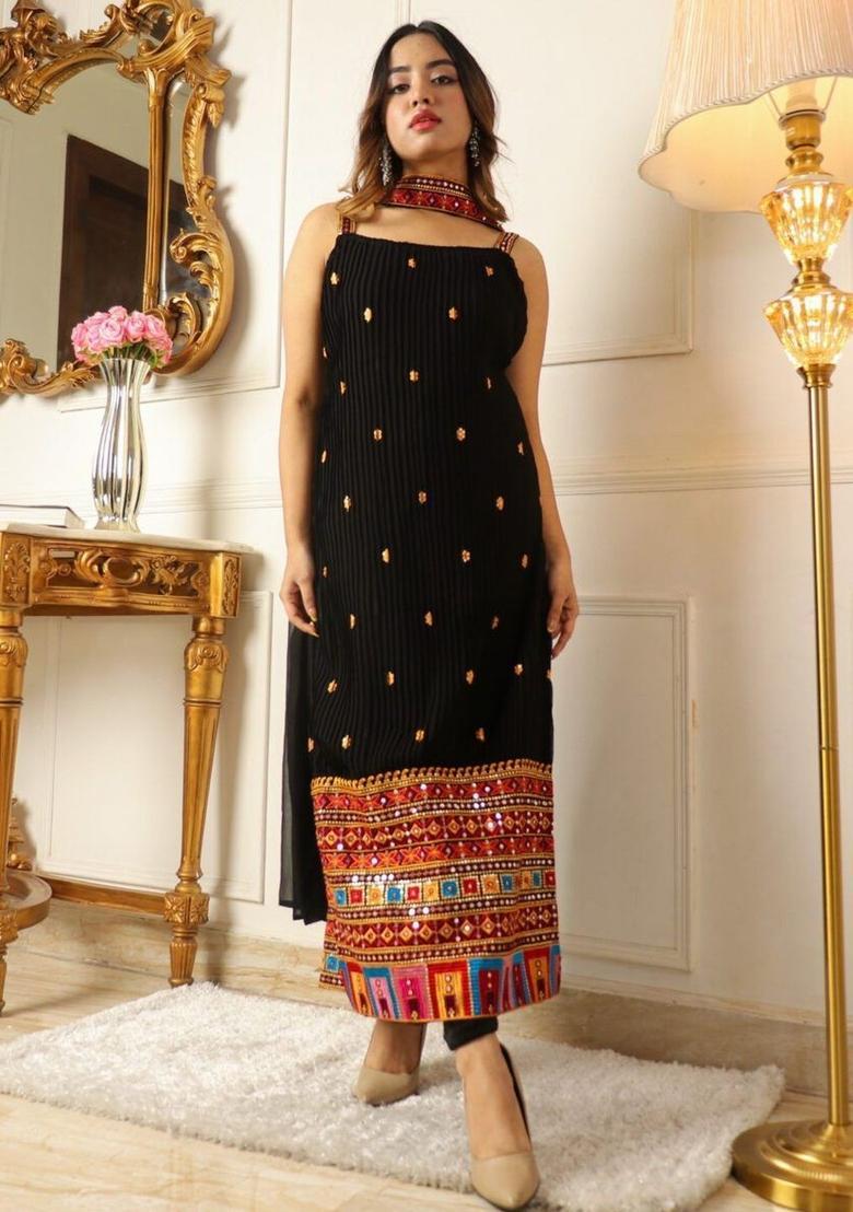 Black Embroidered Georgette Straight Kurta Sets - Indya