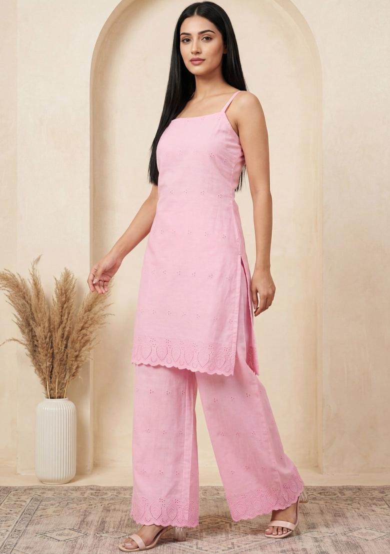Pink Printed Cotton Straight Kurta Sets - Indya
