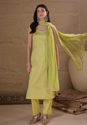 Lime Green Embroidered Silk Straight Kurta Sets