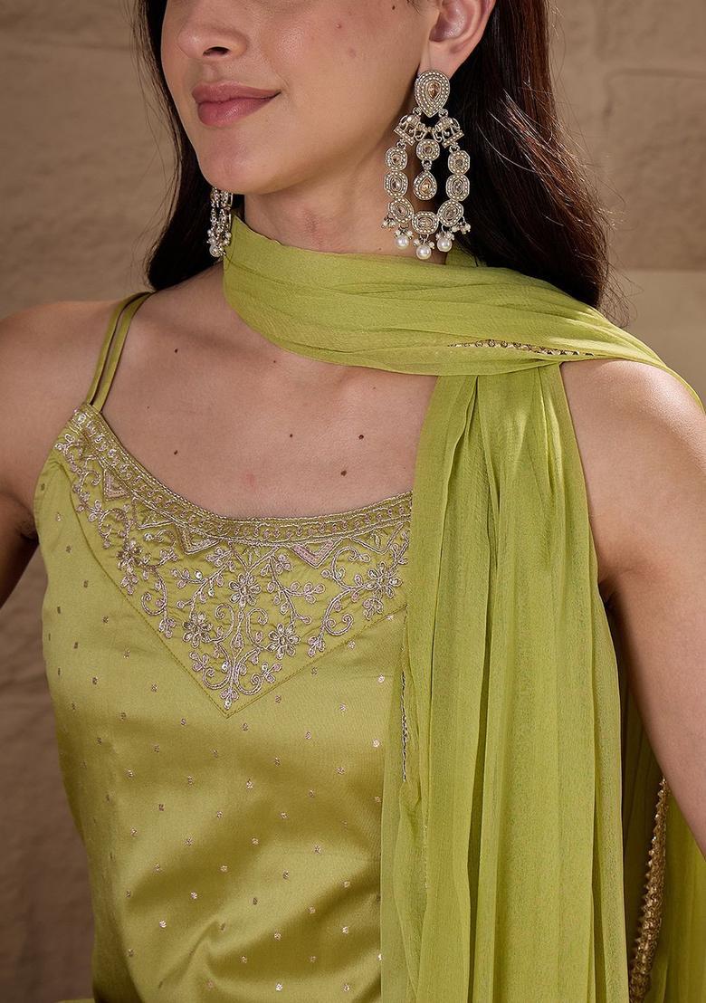 Lime Green Embroidered Silk Straight Kurta Sets - Indya