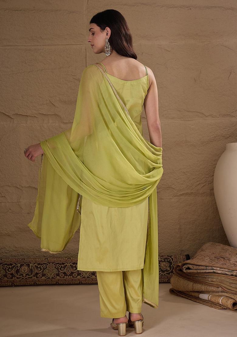 Lime Green Embroidered Silk Straight Kurta Sets - Indya