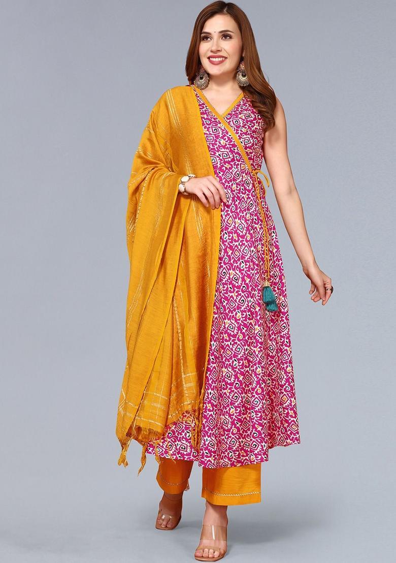 Pink Printed Cotton Anarkali Sets - Indya