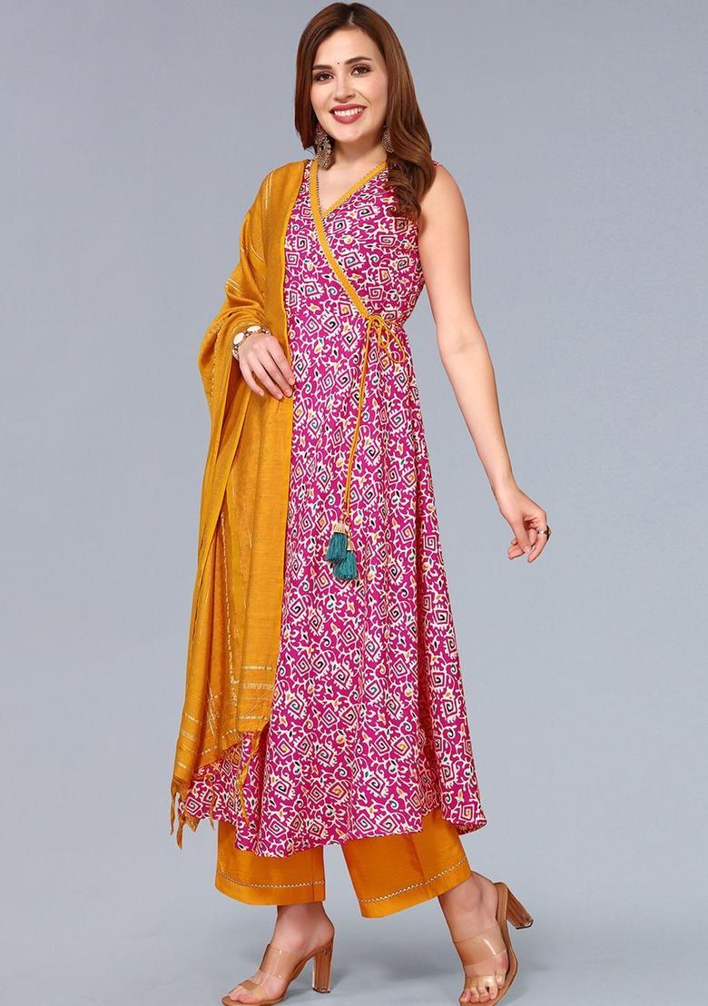 Pink Printed Cotton Anarkali Sets - Indya