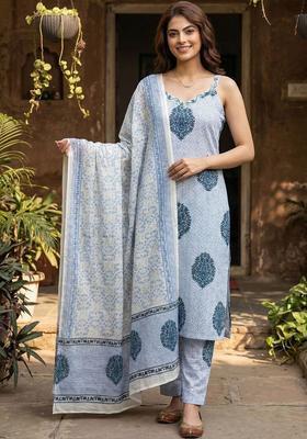 Blue Printed Cotton Straight Kurta Sets