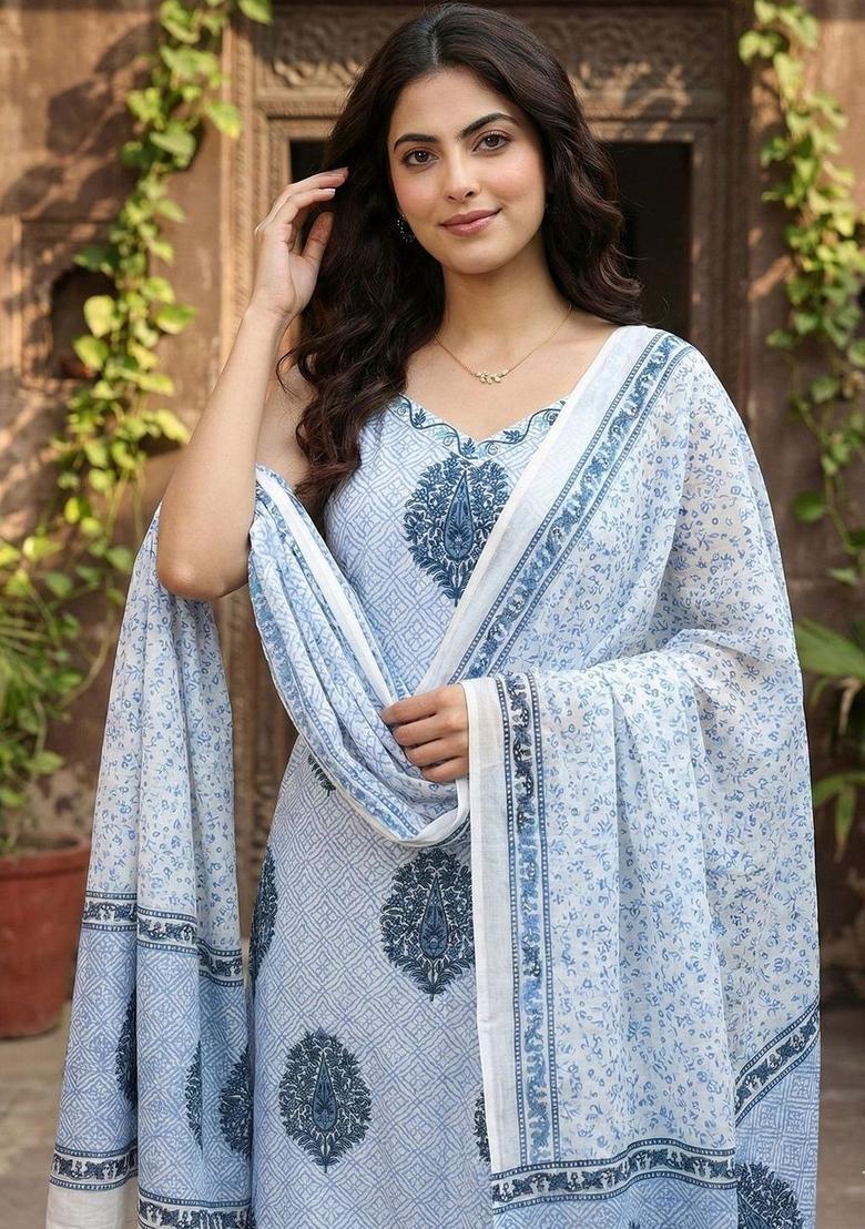 Blue Printed Cotton Straight Kurta Sets - Indya