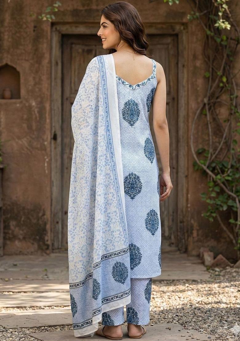 Blue Printed Cotton Straight Kurta Sets - Indya