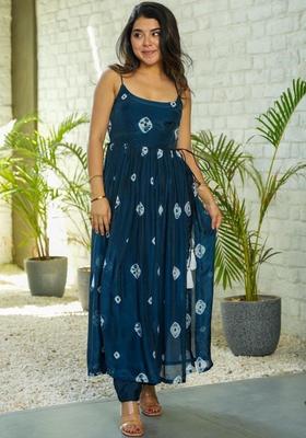Navy Blue Tie And Dye Organza A Line Kurta Sets