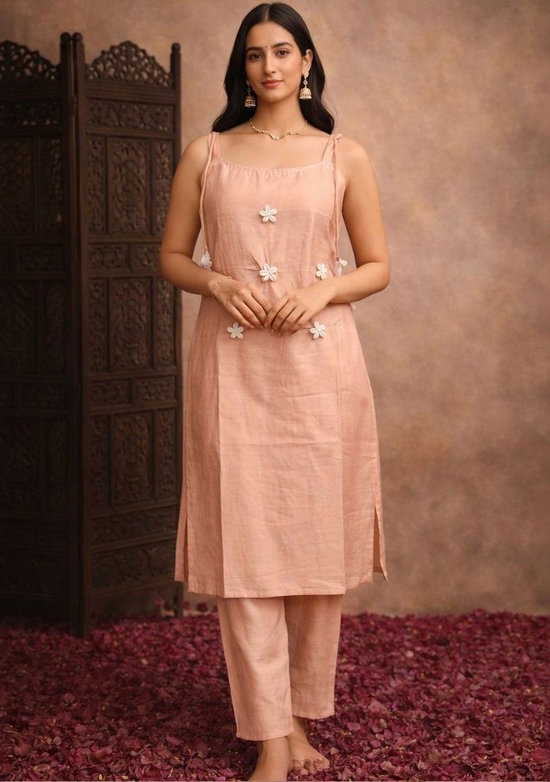 Peach Printed Cotton Straight Kurta Sets - Indya