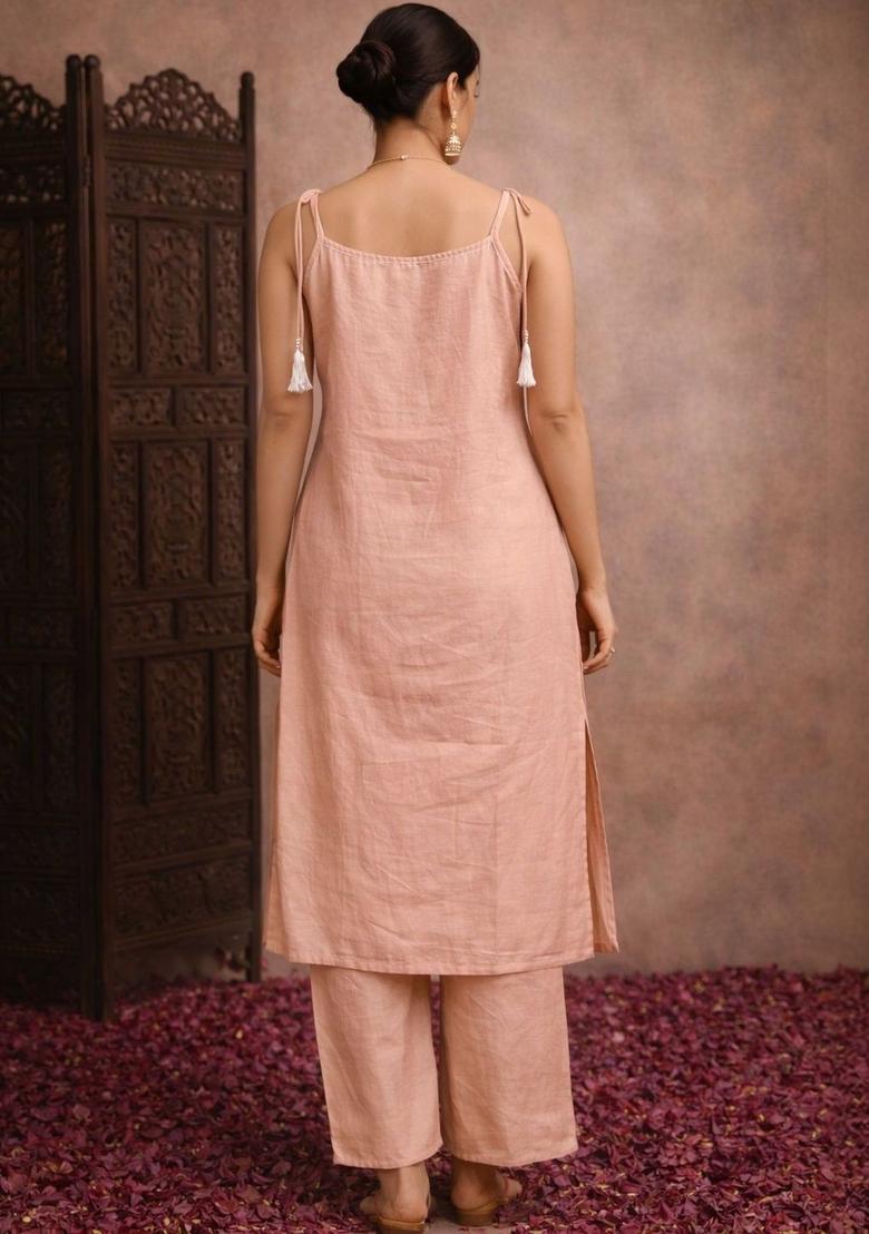 Peach Printed Cotton Straight Kurta Sets - Indya