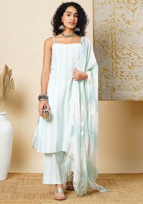Green Striped Cotton Straight Kurta Sets