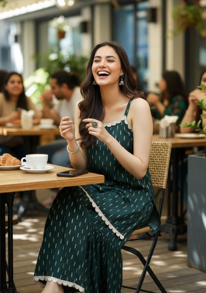 Green Printed Viscose Straight Kurta Sets - Indya