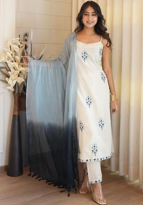 Off White Embroidered Cotton Straight Kurta Sets