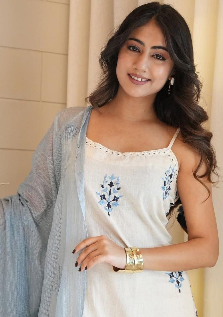 Off White Embroidered Cotton Straight Kurta Sets - Indya