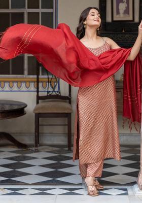 Maroon Embroidered Cotton Straight Kurta Sets