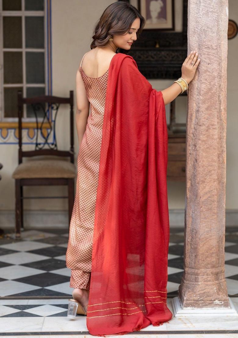 Maroon Embroidered Cotton Straight Kurta Sets - Indya