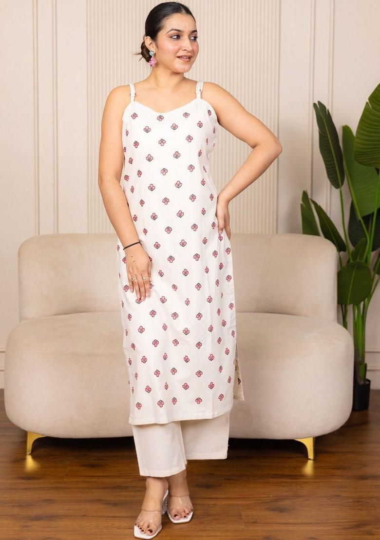 Off White Printed Cotton Straight Kurta Sets - Indya