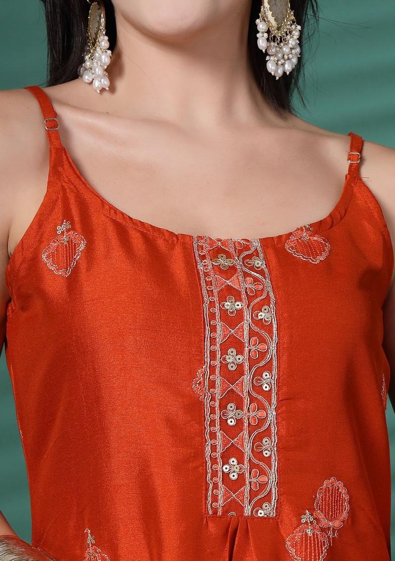 Orange Embroidered Polyester A Line Kurta Sets - Indya