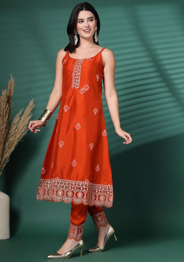 Orange Embroidered Polyester A Line Kurta Sets - Indya