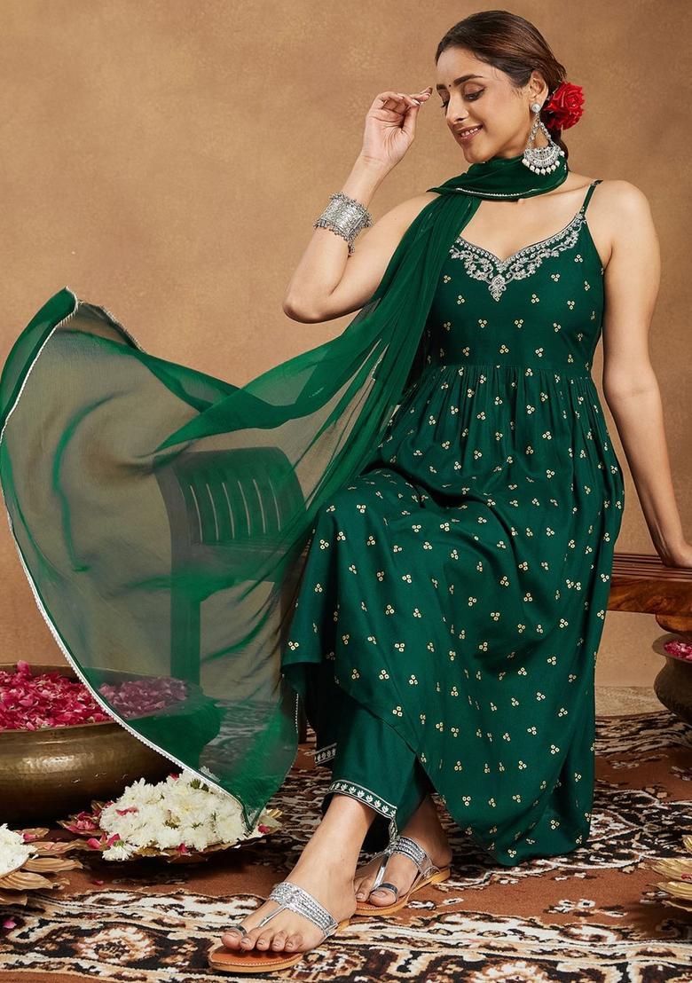 Green Embroidered Viscose A Line Kurta Sets - Indya