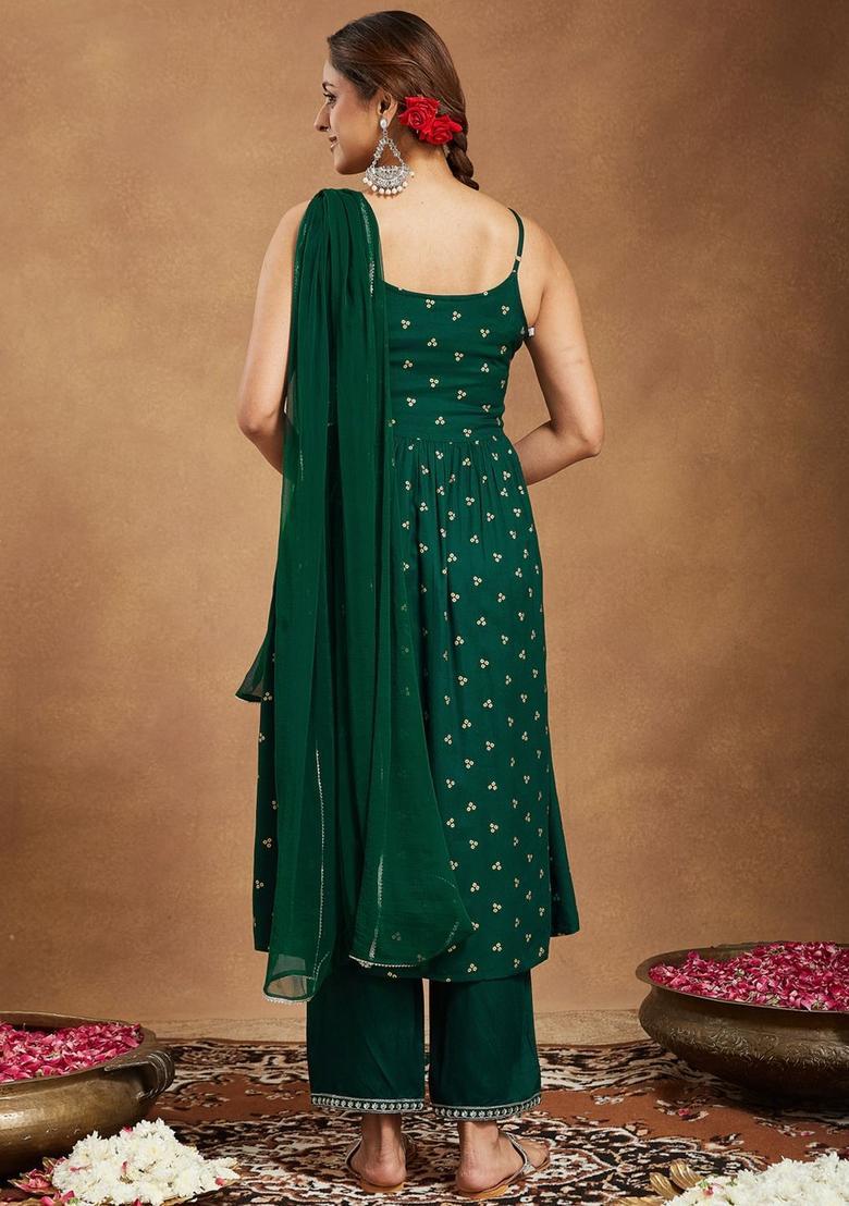 Green Embroidered Viscose A Line Kurta Sets - Indya