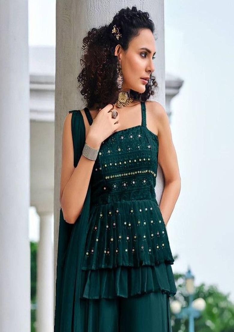 Green Embroidered Georgette Straight Kurta Sets - Indya