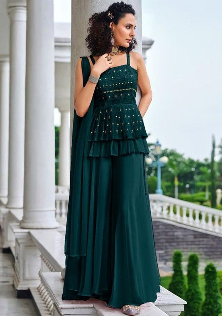 Green Embroidered Georgette Straight Kurta Sets - Indya