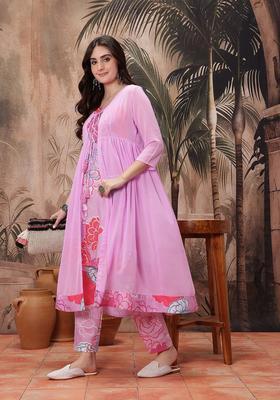Pink Printed Polyester A Line Kurta Sets
