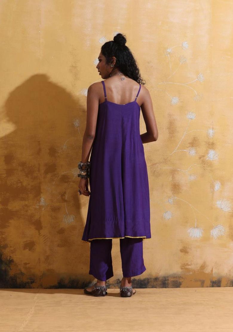Purple Solid Silk A Line Kurta Sets - Indya