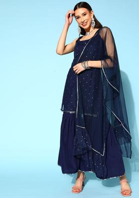 Navy Blue Solid Crepe Straight Kurta Sets