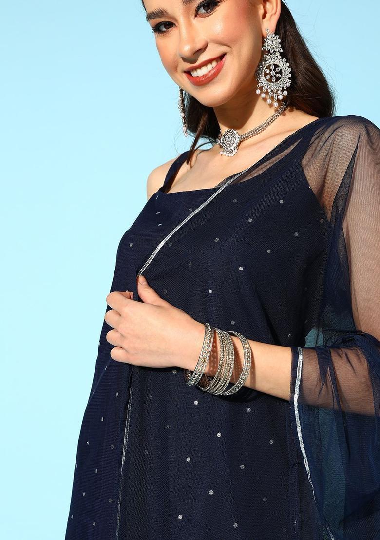 Navy Blue Solid Crepe Straight Kurta Sets - Indya