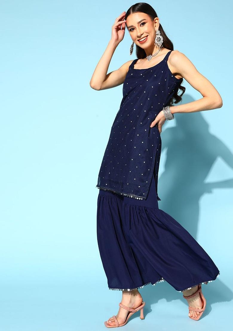 Navy Blue Solid Crepe Straight Kurta Sets - Indya
