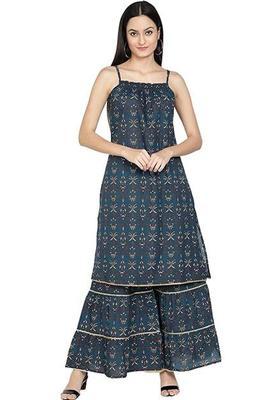 Navy Blue Printed Cotton A Line Kurta Sets