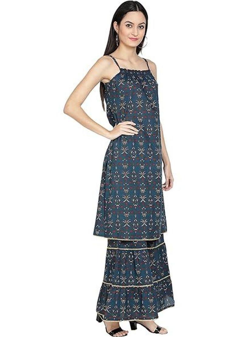 Navy Blue Printed Cotton A Line Kurta Sets - Indya